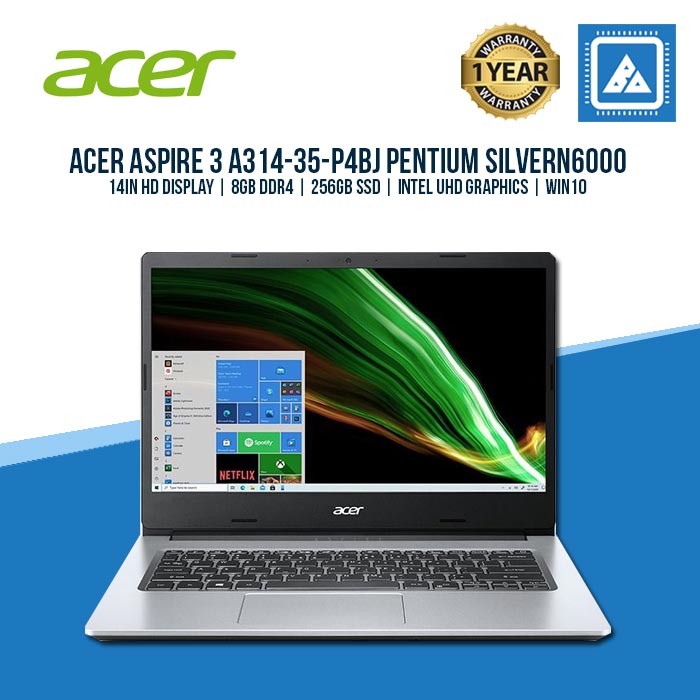 Acer Aspire 3 A314-35-P4BJ, 14in HD Display | Pentium Silver N6000 | 8GB DDR4 | 256GB SSD | Intel UHD Graphics | Win10 Acer Aspire 3 A314-35-P4BJ, 14in HD Display | Pentium Silver N6000 | 8GB DDR4 | 256GB SSD | Intel UHD Graphics | Win10